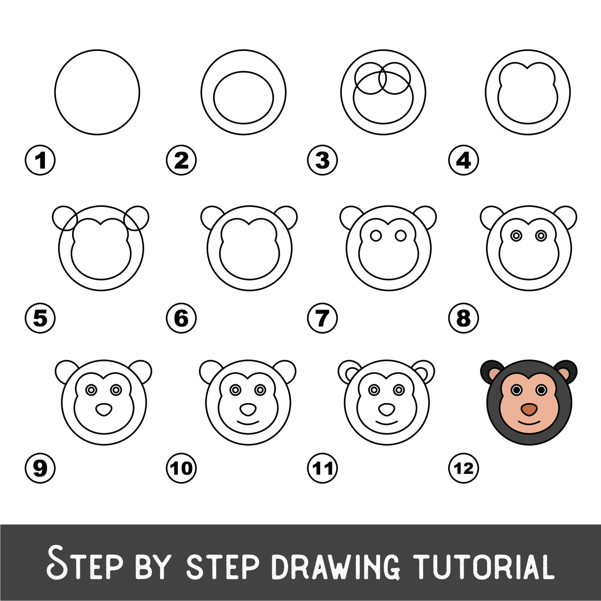 jogo infantil para desenvolver habilidade de desenho com nível de jogo fácil  para crianças pré-escolares, desenho de tutorial educacional para cara de  macaco. 4253742 Vetor no Vecteezy